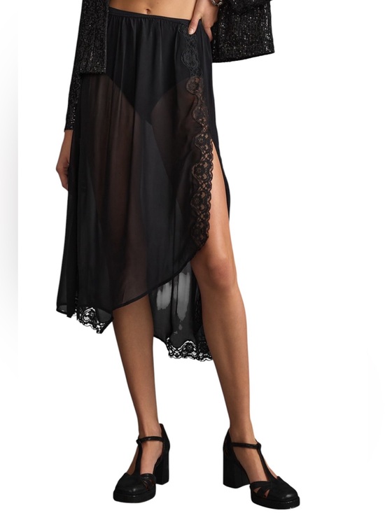 Anthropologie Dresses & Skirts - Anthropologie Sheer Mesh Lace-Trim Asymmetrical Midi Skirt Sz M Black Romantic